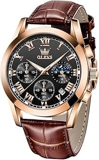 OLEVSWatches for Men Brown Leather Gold Case Analog Quartz Fashion Business Dress Watch Day Date Luminous Waterproof Casual Male Wrist Watches