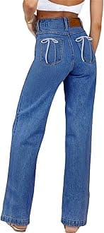 Sidefeel Women's Jeans High Waisted Straight Leg Stretchy Y2K Ribbon Bowknot Loose Wide Leg Denim Pants Blue Size 10