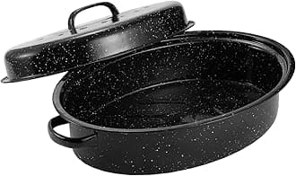 Granite Roasting Pan, Medium 16” Enameled Roasting Pan with Domed Lid. Oval Turkey Roaster Pot, Broiler Pan Great for Small Turkey, Chicken, Ham, Dishwasher Safe Fit for Roast 12Lb Bird by Kendane