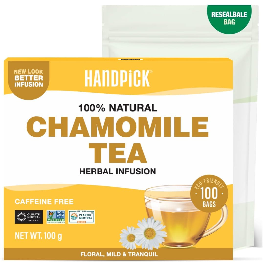 HANDPICK, Chamomile Tea Bags (100 Herbal Tea Bags) Caffeine Free, Gluten Free | 100% Halal Certified | Floral Chamomile Herbal Tea in Eco-Conscious Tea Bags | Direct from Source