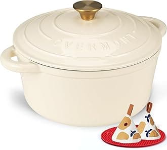 Overmont 6.6L Enamelled Cast Iron Round Casserole Pot With Lid Cookbook & Cotton Potholders - Non-stick Dutch Oven Cookware for Braising, Stews, Roasting, Bread Baking - White, 28cm