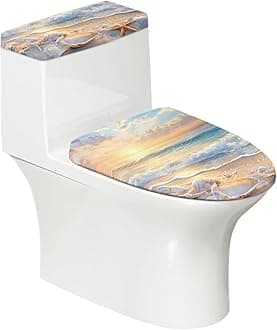 Sun Sea Shell Toilet Lid Dust Cover & Toilet Tank Lid Cover 2PC Elastic Edge Machine Washable Fits Most Toilet Lids Home Decor