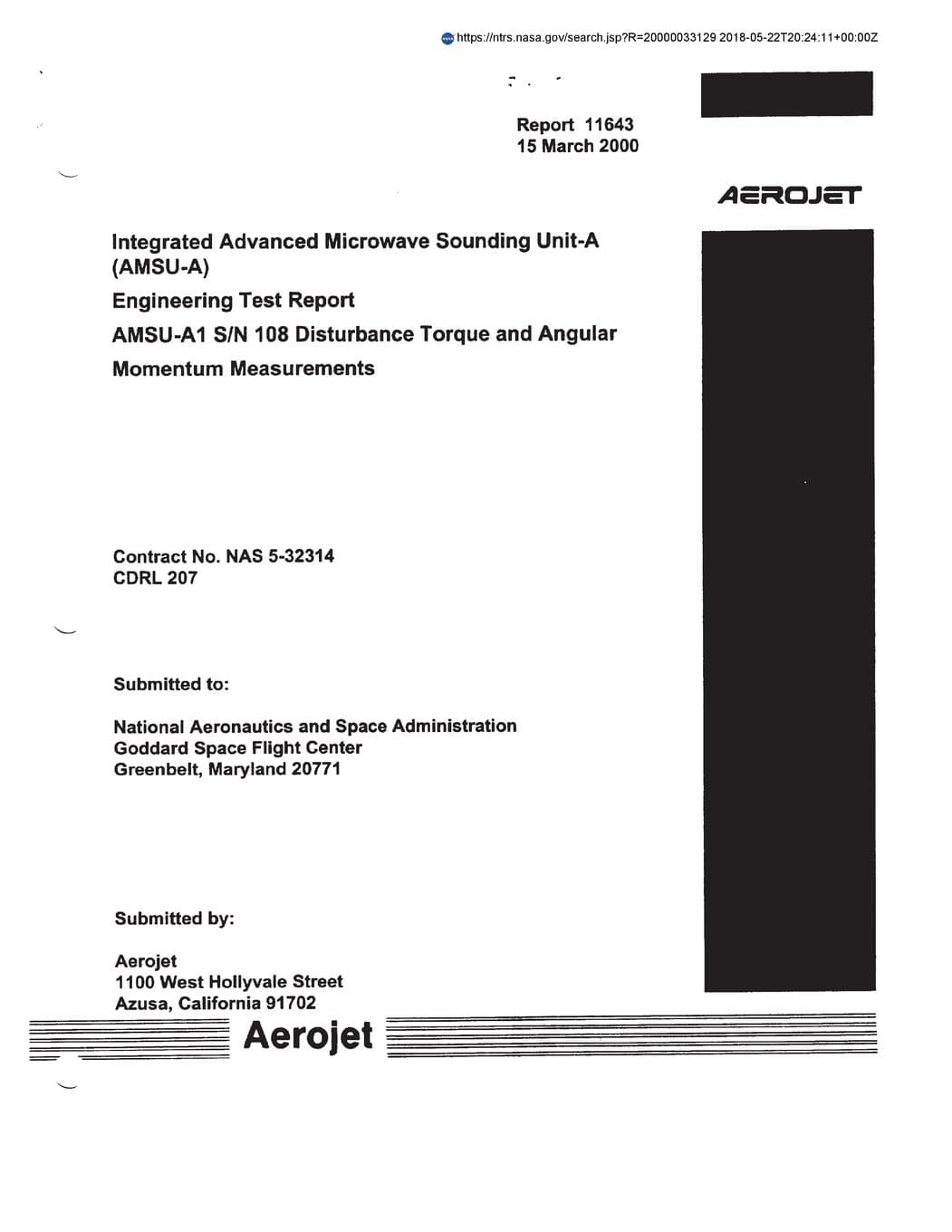 Integrated Advanced Microwave Sounding Unit-A (Amsu-A). Engineering Test Report, Amsu-A1 S/N 108 Disturbance Torque and Angular Momentum Measurements