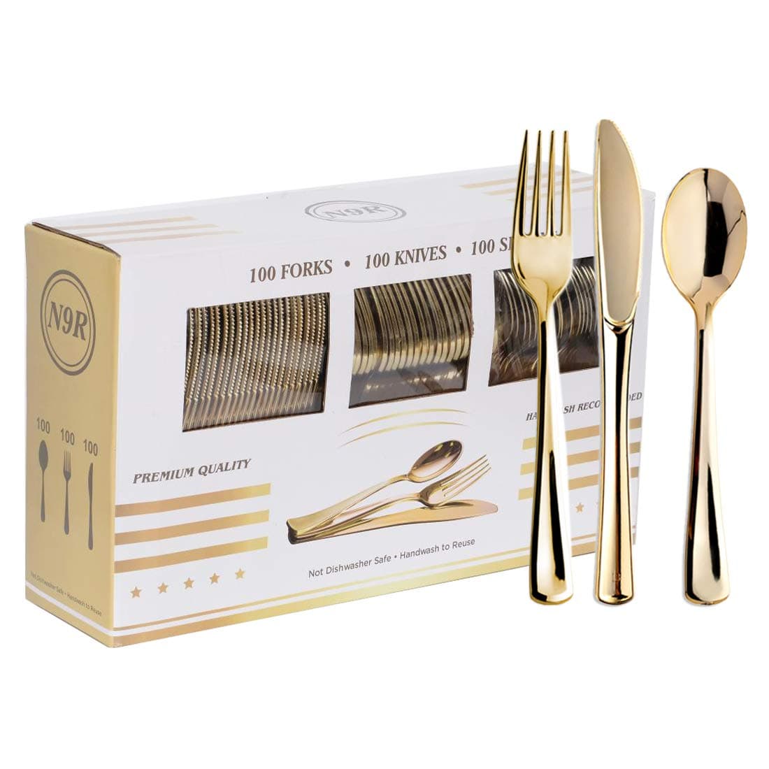 N9R 300PCS Gold Plastic Silverware, Heavy Duty Gold Plastic Cutlery Set Disposable Flatware Dinnerware, 100 Forks, 100 Spoons, 100 Knives, Perfect for Party, Wedding and Daily Use