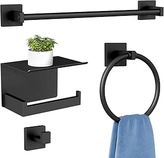 Bathroom Hardware Accessories Set 4-Pieces, Towel Racks for Bathroom Wall Mounted, Stainless Steel 24Inch Black Towel Bar Set, Round Towel Ring, Towel Hook, Toilet Paper Holder with Shelf