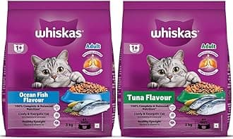 Whiskas Adult (+1 Year) Dry Cat Food, Ocean Fish Flavour, 3kg Pack & Whiskas Adult (+1 Year) Dry Cat Food, Tuna Flavour, 3kg Pack