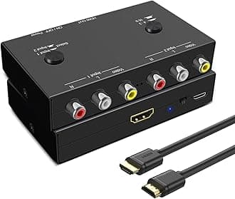 2 AV to HDMI, 1080P/720P TV 2 Way RCA Composite CVBS AV Switch to HDMI Video Audio Converter Adapter Support 4:3/16:9 Switching, for Sega Xbox PS2 PS3 N64 NGC SNES WII VHS VCR Camera DVD