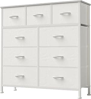DUMOS Dresser for Bedroom, Storage Organizer with 9 Drawers, Chest of Drawers with Fabric Bins, Sturdy Metal Frame, Wood Tabletop for Guest Room, Closet, Entryway, White