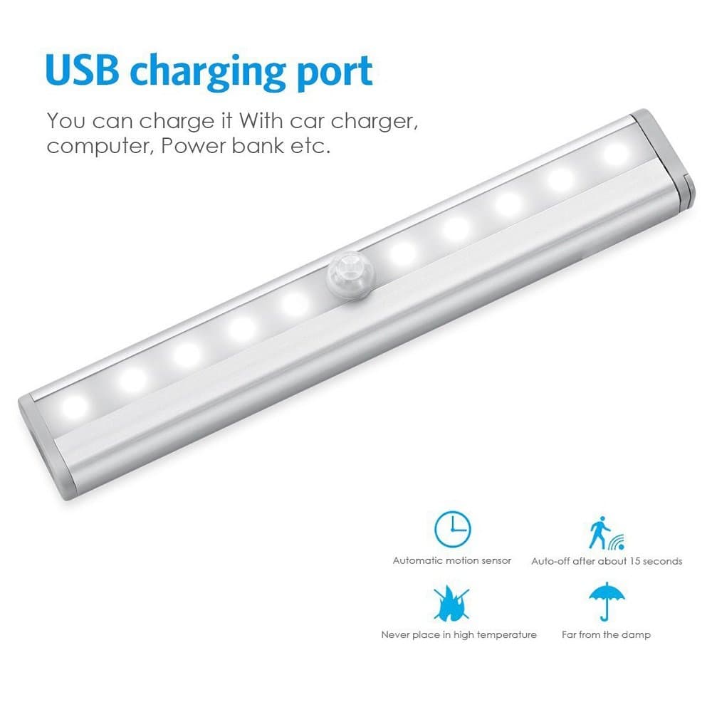 Motion Sensor Light,Sumhen,10 LED USB Rechargeable Wireless,3M Magnetic Stick-on Anywhere Battery Powered,Auto On/Off Stick-On for Wall Closet Cabinet,Wardrobe, Stairs, washroom (2pack, Pure)