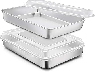 E-far Stainless Steel Baking Pan with Lid, 12⅓ x 9¾ x 2 Inch Rectangle Sheet Cake Pans with Covers Bakeware for Cakes Brownies Casseroles, Non-toxic & Healthy, Heavy Duty & Dishwasher Safe - Set of 2