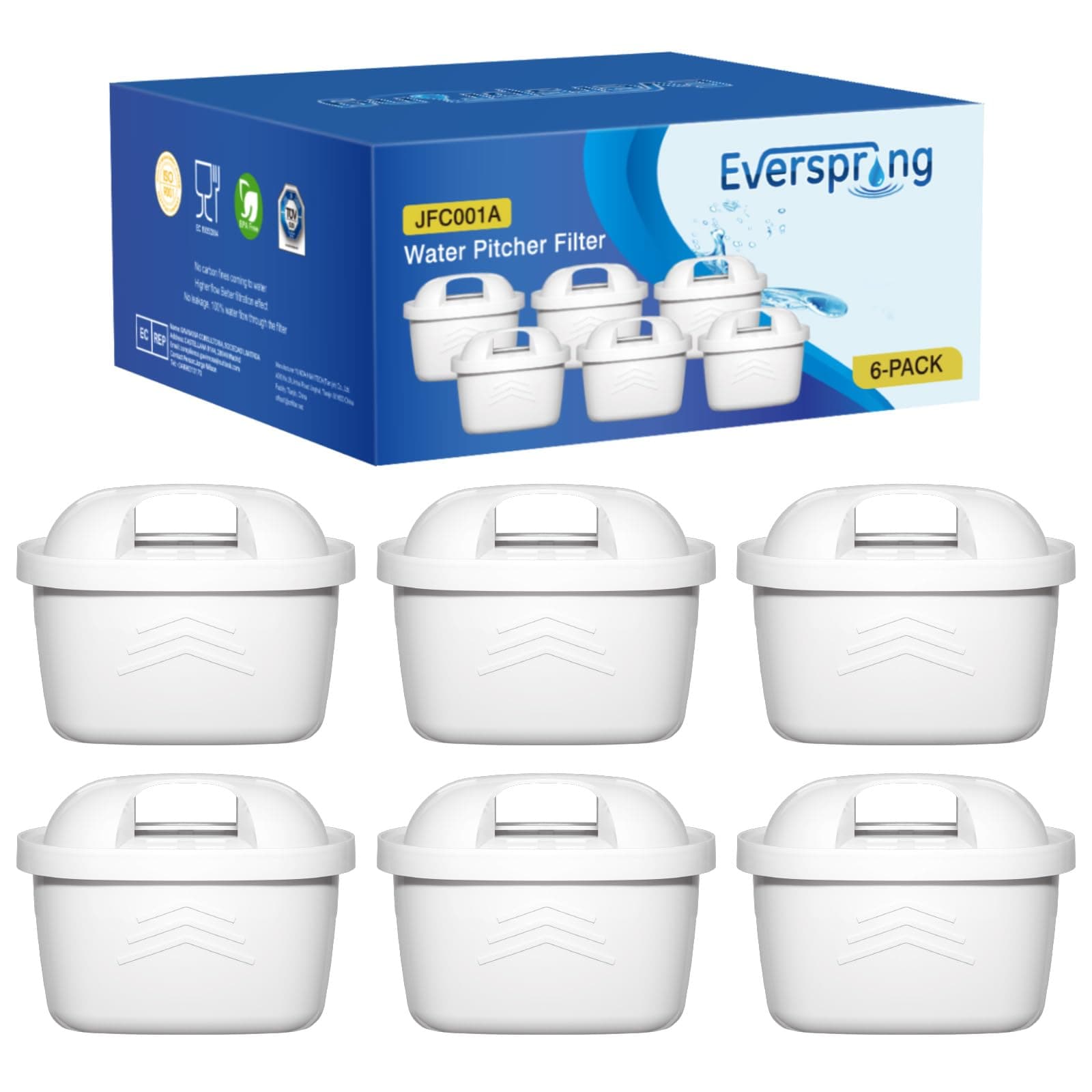 EVERSPRING Water Filter Cartridges, Compatible with Brita Maxtra+, Maxtra Plus, Maxtra Pro All-in-1, Brita Marella Jug, Kettle, Mavea, Anna Duomax, Reduce PFAS and Limescale, TÜV SÜD, 6 Pieces