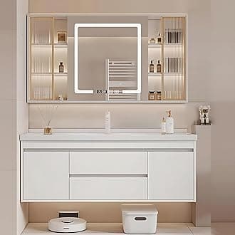 Bathroom Vanity with Sink - Stylish Bathroom Single Sink Cabinet, Modern Floating Vanity & Intelligent Fog-Free Mirror Cabinet | Solid Wood Material (White, 48")