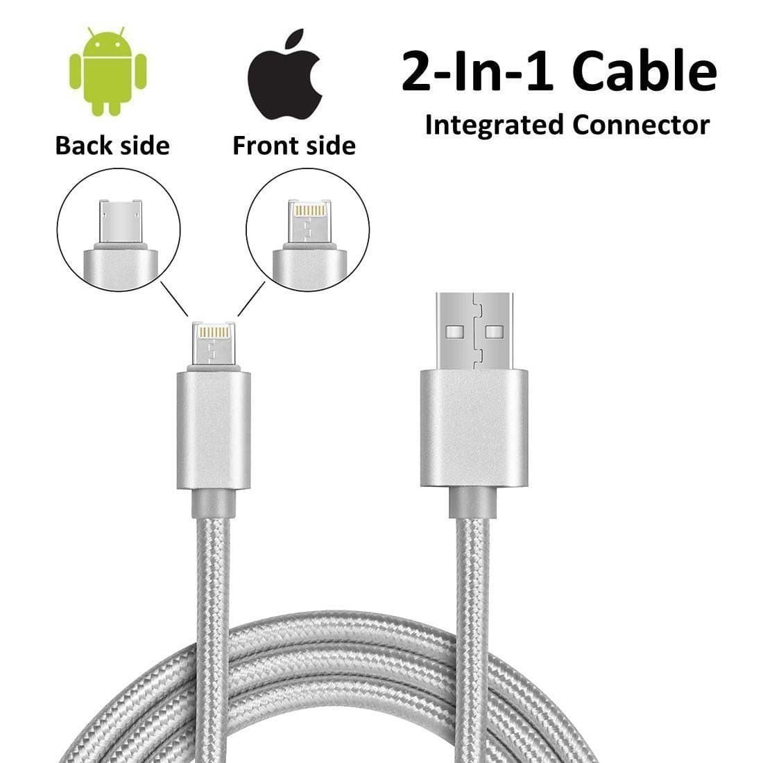 iPhone Lightning + Android Micro USB Universal 2-in-1 Charger Cable Braided Fast Adapter Cord, Front Side for iPhone iPad Back Samsung HTC LG Moto Huawei 3.3 ft (Silver)
