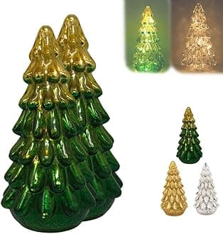 Sparkling Glass Christmas Tree with LED Lights and Timer, Christmas Tabletop Decorations Indoor, Small Christmas Tree with Lights, Xmas Tree Decorations for Fireplace, Table, Home(Gradient green,2pcs)
