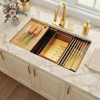 LQS Gold Kitchen Sink, Undermount Kitchen Sink 32 Inch, 32” x 19" Stainless Steel 16 Gauge Kitchen Sinks with Pratical Accessories For Luxury Kitchens, Round Corner and X Drain Line