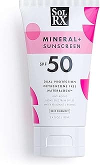 SolRX MINERAL+ SPF 50 Mineral Sunscreen with Zinc Oxide – Reef Safe, Broad Spectrum UVA/UVB Protection, Water Resistant Sunblock for Face & Body