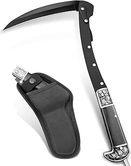VALHALLA Folding Sickle, Black Sharp Folding Scythe with 2 Sections, Hand Sickle Knife Wooden Handle, Portable Safety Sickle Knife with Sheath