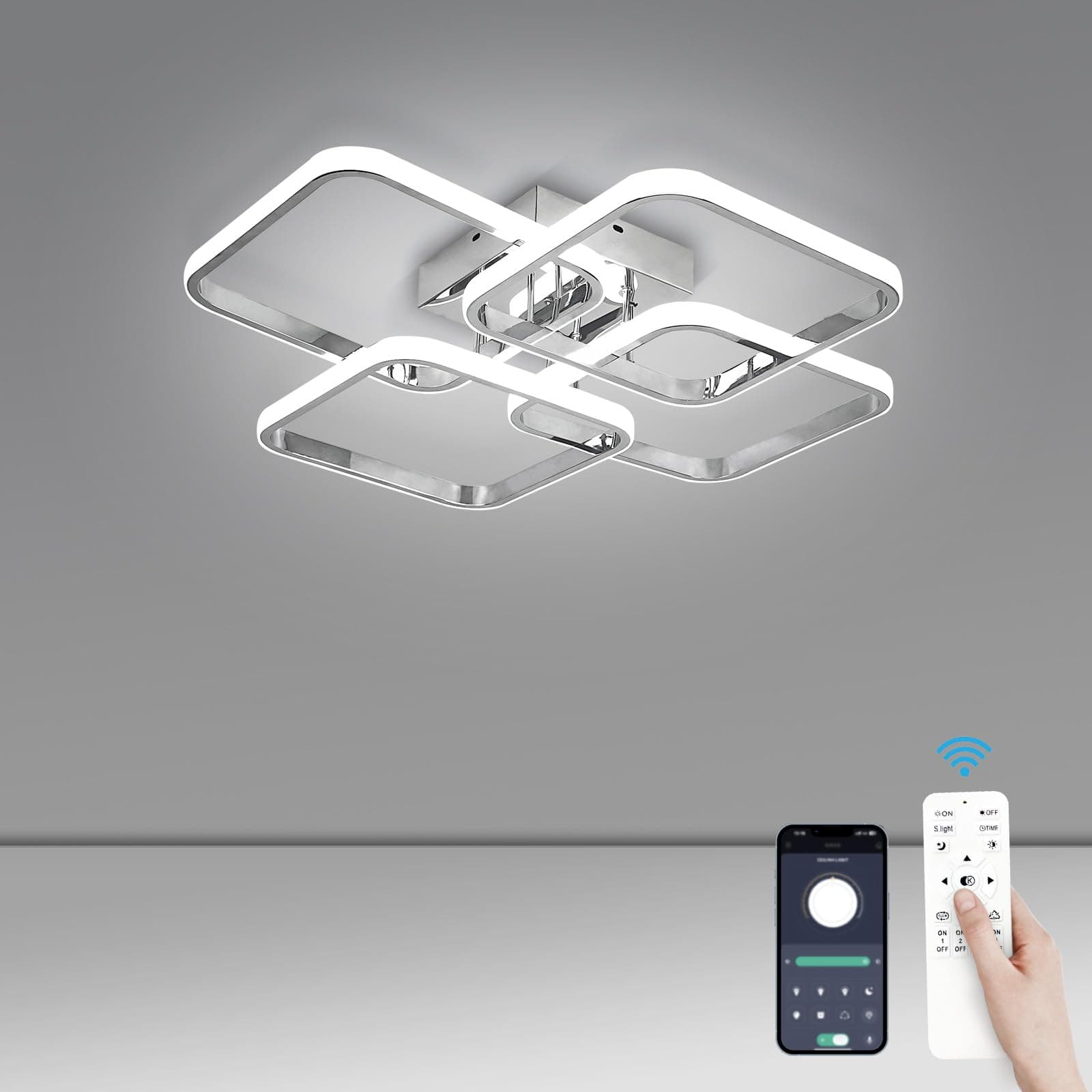 CANEOE Dimmable Modern Led Ceiling Light, 4 Rings Square Ceiling Lamp with Remote Control, 48W Chrome Acrylic Ceiling Lighting Fixture for Living Room Dining Room Kitchen Office Lamps