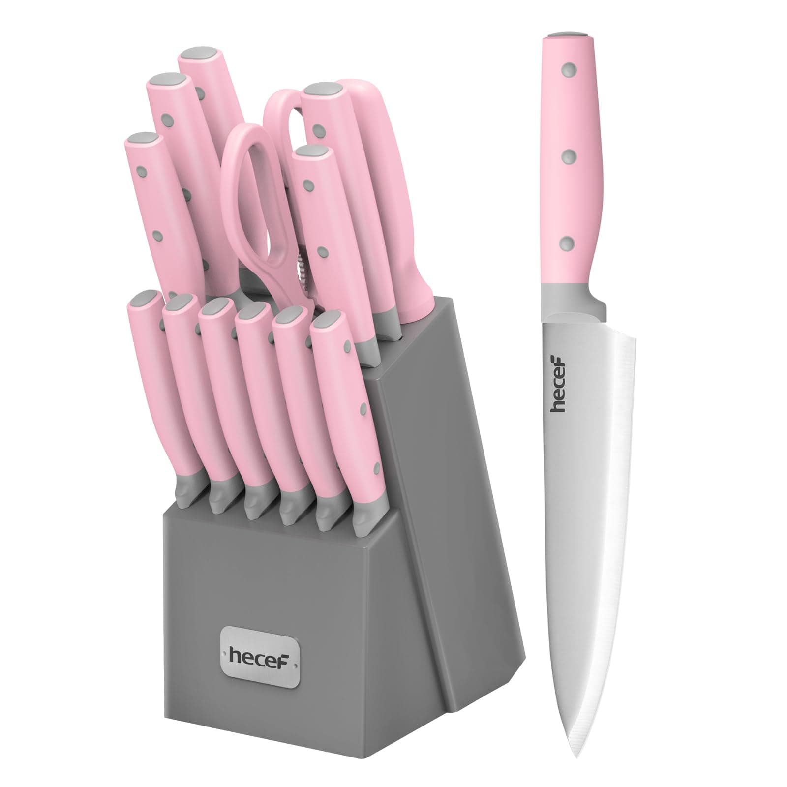 hecef Kitchen Knife Block Set, 14 Pieces Knife Set with Wooden Block & Sharpener Steel & All-purpose Scissors, High Carbon Stainless Steel Cutlery Set (Pink)