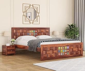 GF Furniture King Size Wooden Bed Frame with Handcrafted Tile Inlay and 3D Block Headboard | 84 x 75 x 41 Inches | Solid Wood Platform Bed Without Storage for Bedroom