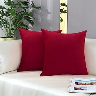mixeoo Comfy Christmas Red Throw Pillow Covers Decorative Square Solid Thick Velvet Super Soft Cushion Cases Home Decor for Sofa Couch Living Room Chair, Set of 2, 14 x 14 Inch