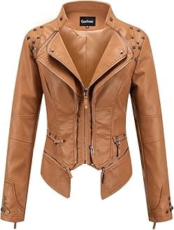 chouyatou Women's Fashion Studded Perfectly Shaping Faux Leather Biker Jacket