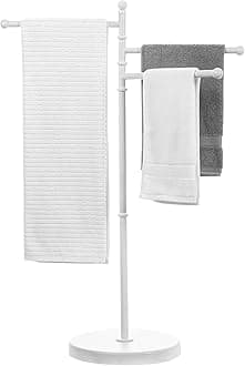 MyGift 40 Inch Bathroom Towel Holder, Matte White Metal Floor Standing Rack with 3 Swivel Bars, Spa Pool Hot Tub Valet Accessories Stand for Drying Towels