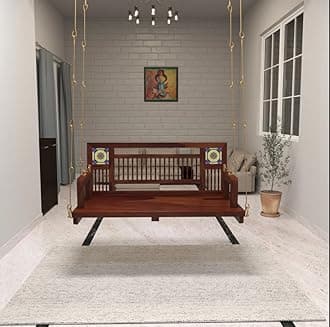 Jairi Traders Wooden Swing (4ftx2ft) Solid Wooden Hanging with Hand Rest and Back Support Jhula Wooden Swing (with Stainless Steel Accessories) Ceramic Tiles and Carving Reversible