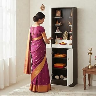 FURNEASER Adya Wooden Pooja Mandir for Home with Storage | Engineered Wood Temple Stand with Shelf & Cabinet | Compact Floor-Standing Prayer Unit for Living Room � Wenge White Finish, 161x50x32 cm