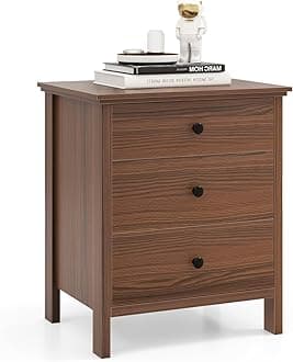 Giantex Nightstand with 3 Drawers, Wooden Side End Table with Solid Wood Legs, Retro 3-Drawer Bedside Table Night Stand for Bedroom Home Office Small Space, Easy Assembly, Brown