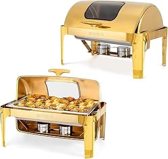 ROVSUN 9QT Chafing Dishes for Buffet 2 Pack, Roll Top Chafing Dish Buffet Set, Stainless Steel Buffet Warmer Chafers and Buffet Warmers Sets with Glass Window for Catering Parties Weddings, Gold