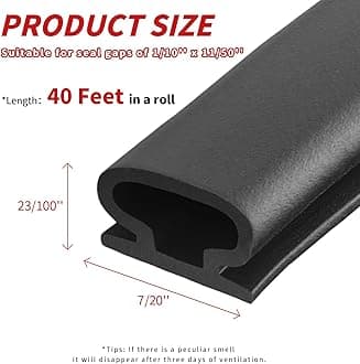 40 Ft Weather Stripping Door Seal Strip, Self-Adhesive Backing D-Shape Rubber Weather Stripping for Door Frame Large Gap, Easy Cut to Size(Black)