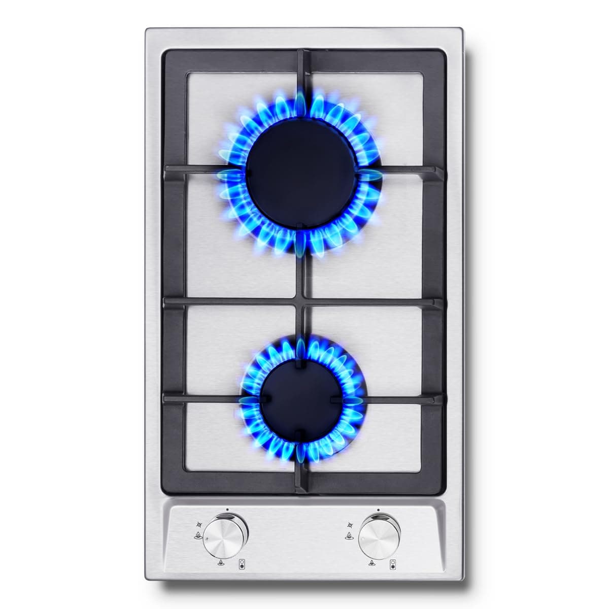 Gas Hob 2 Burners, 30cm Stainless Steel Cooktop with 2 Burners, 4200W, Built-in Gas Cooker NG/LPG Convertible, Silver Metallic Finish and Automatic Ignition, Flame Failure Protection