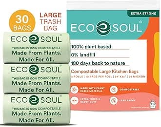 [24 inch x 32 inch, 30 Pack] Large Compostable Trash Bags | Eco-friendly Non OXO-Biodegradable Bags for Garbage Bins | Heavy Duty & Leak-Resistant | Home, Office & Kitchen Use (71 x 81 cm)