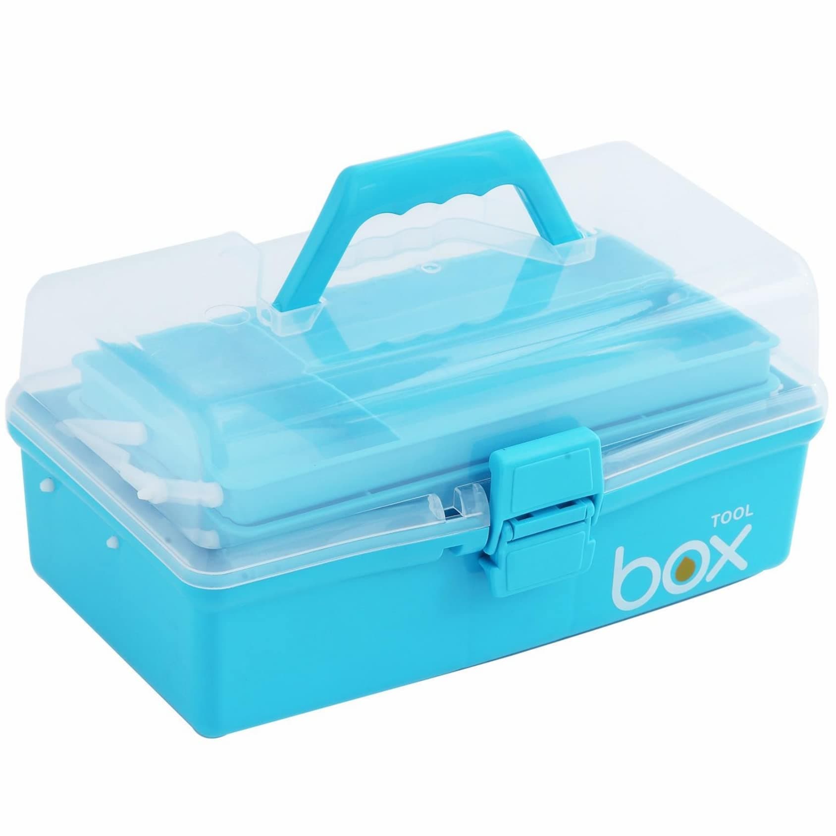 12'' Three-Layer Clear Plastic Storage Box/Tool Box, Multipurpose Organizer and Portable Handled Storage Case for Art Craft and Cosmetic (Blue)