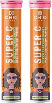 Chicnutrix Super C - Natural Vitamin C & Zinc for Clear & Acne Free Skin | 1000mg Amla Extracts|For Women & All skin types| Orange Flavour | 40 Effervescent Tablets