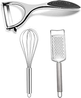 Panchhi Store Stainless Steel Peeler for Fruits and Vegetables with Sharp Blades with Stainless Steel Wisk for Cooking Blending Whisking Beating and Steel Grater Slicer for Cheese