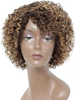 HUA Short Curly Human Hair Wigs for Black Women P4/27/30 Short Curly Wigs for African American Glueless Human Hair Wigs