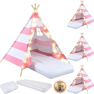 4 Pack Teepee Tent for Kids Slumber Party with Mattress,Fitted Sheet,Light String,Natural Cotton Washable Sleepover Tents for Girls Party Birthday Slumber Movie Night Supplies(Peach White)