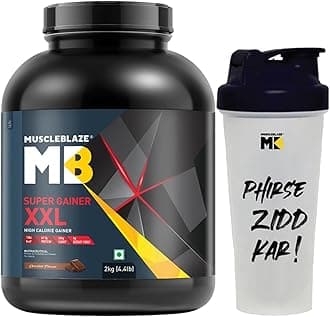 MuscleBlaze Super Gainer XXL Powder, Chocolate (20 Servings, 2kg / 4.4lbs) with Shaker | Pack of 2 | 15g Protein, 75g Carbs Per Scoop | Muscle Mass High Protein Gainer