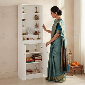 FURNEASER Adya Wooden Pooja Mandir for Home with Storage | Engineered Wood Temple Stand with Shelf & Cabinet | Compact Floor-Standing Prayer Unit for Living Room � White Finish, 161x50x32 cm
