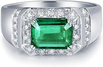 Lieson Platinum Ring for Men, Anniversary Ring for Him 1.42ct Rectangular Emerald with 0.35ct Diamond Promise Engagement Ring White Gold