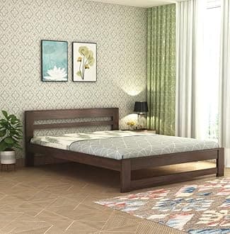 Wooden Queen Size Bed Without Storage | Wooden Double Bed Cot Bed for Bedroom Furniture | Palang Double Bed for Hotels | Solid Sheesham Wood | Walnut Finish