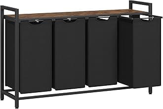 VASAGLE Laundry Hamper, Laundry Basket, Laundry Sorter with 4 Pull-Out and Removable Bags, Shelf, Metal Frame, 4 x 10.6 Gallons (40 L), 45.7 x 13 x 28.4 Inches, Ink Black and Rustic Brown UBLH401B01