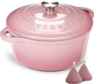 26cm/5.2L Enamelled Cast Iron Round Casserole Pot With Lid Cookbook & Cotton Potholders - Non-stick Dutch Oven Cookware for Braising, Stews, Roasting, Bread Baking - Pink, 5.5QT