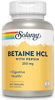 SOLARAY Betaine HCl with Pepsin 250 mg Supplement for Men & Women - Digestive Support, Betaine Hydrochloride Capsules, Gut Health Support Formula, Gluten Free - 180 Veg Cap Ct
