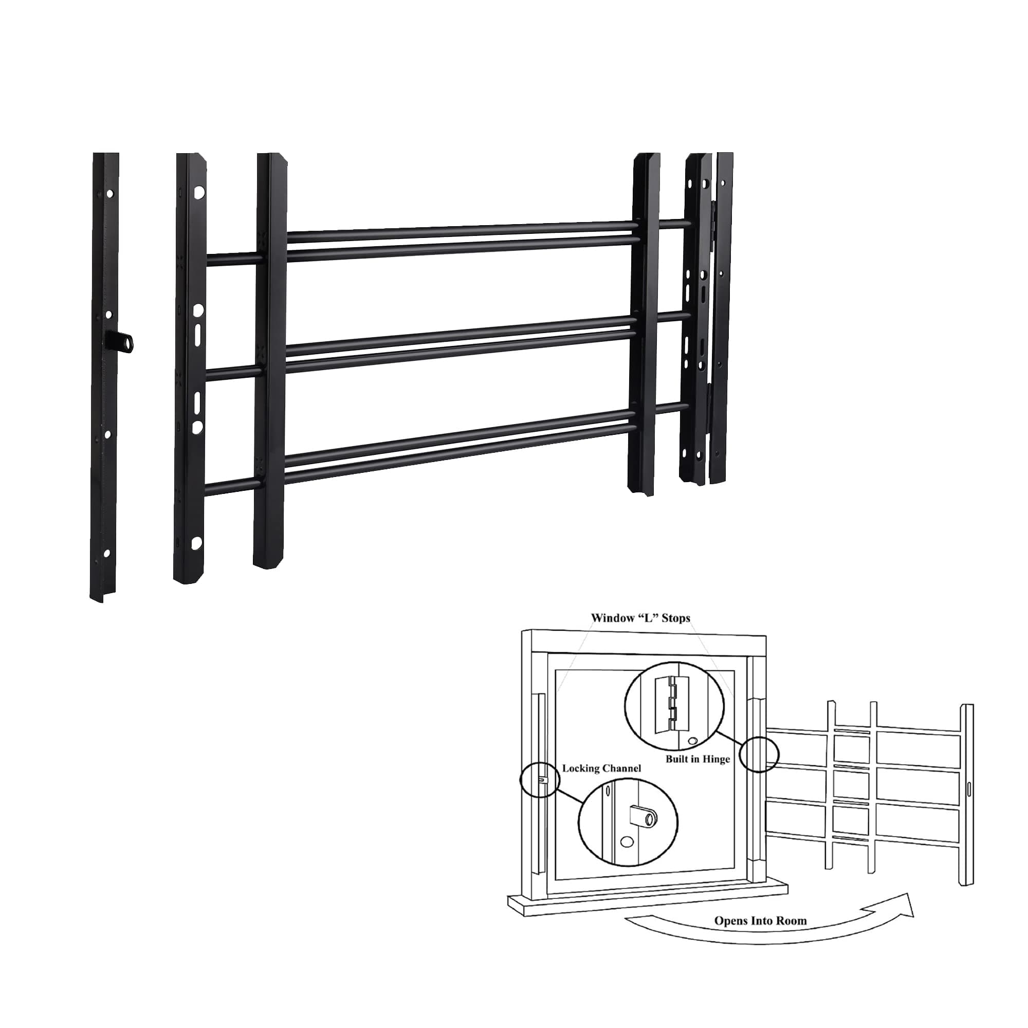 Grisham PP SPAG Window Security Bars with Quick-Release Egress, (Black, 3Bars)14''H x 22''- 42'' Adjustable Width Window Safety Guards for Children, Tubular Steel, Rust Resistant