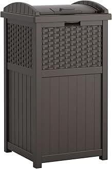 Suncast 33 Gallon Commercial Outdoor Trashcan Hideaway with Lid for 30 to 33 Gallon Trash Bags for Garage, Backyard, or Garden, Brown