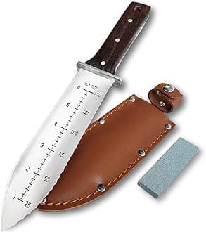 - Professional Hori Hori Garden Knife with Leather Sheath, Protective Handguard, High polished 440 Stainless Steel Blade, Sharpening Stone Included, for Weeding, Digging, Pruning, and Cultivating