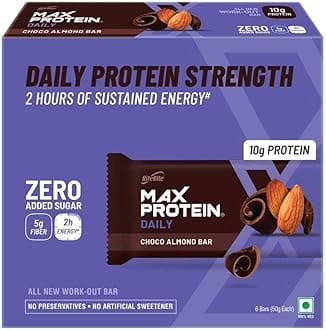RiteBite Max Protein Daily Choco Almond Protein Bars with 10g Protein, 5g Fiber & 21 Vit. & Minerals | 0 Added Sugar, No Cholesterol & Trans Fat For Upto 2h of Energy, Healthy Snack, 50g (Pack of 6)